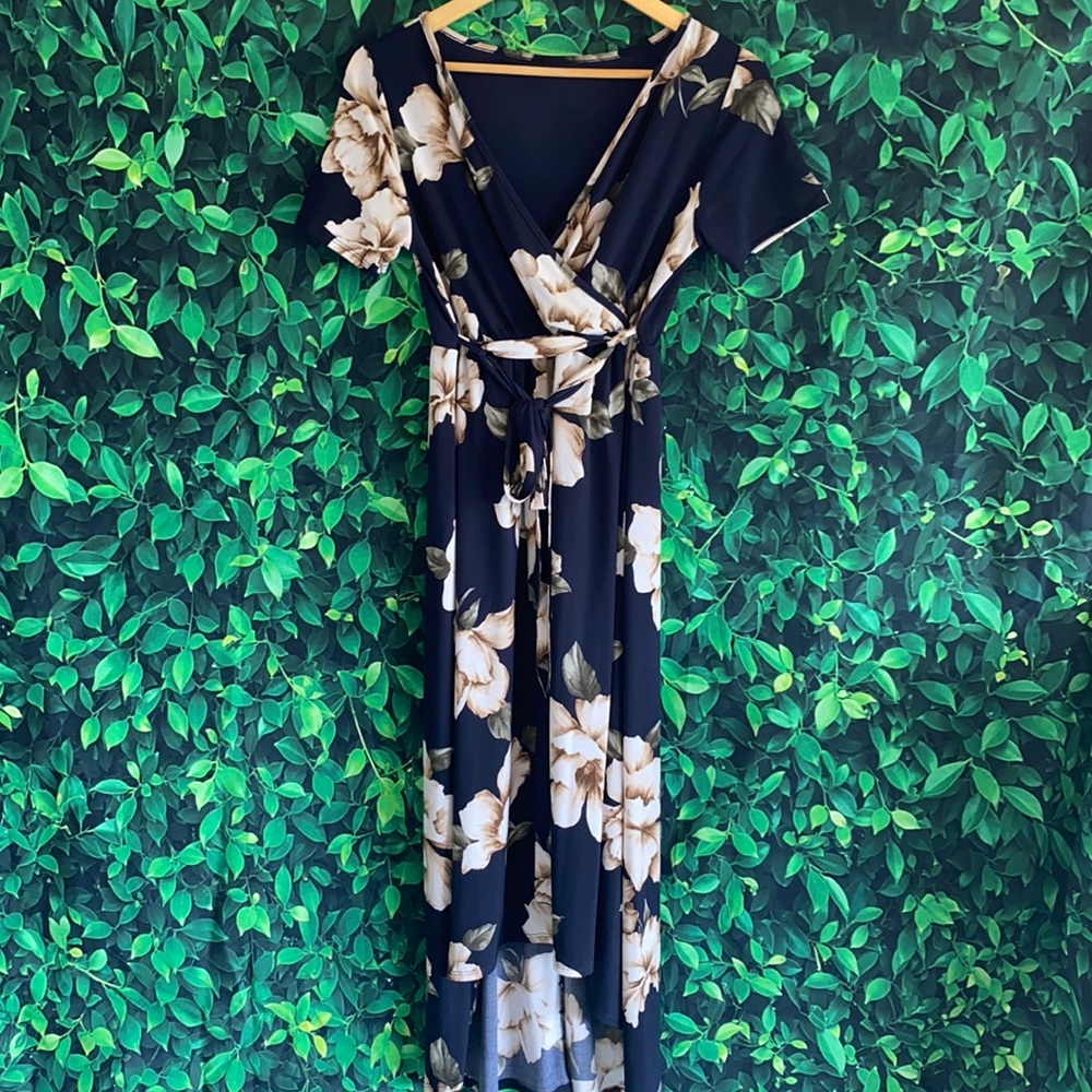 Navy white floral high low maternity dress